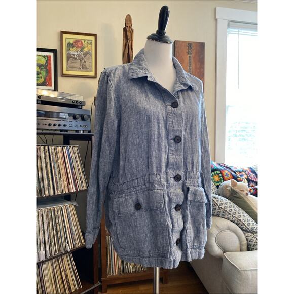Land's End Women’s L 100% Linen Button Down Jacket Blue Indigo Pockets Boho - Picture 2 of 10